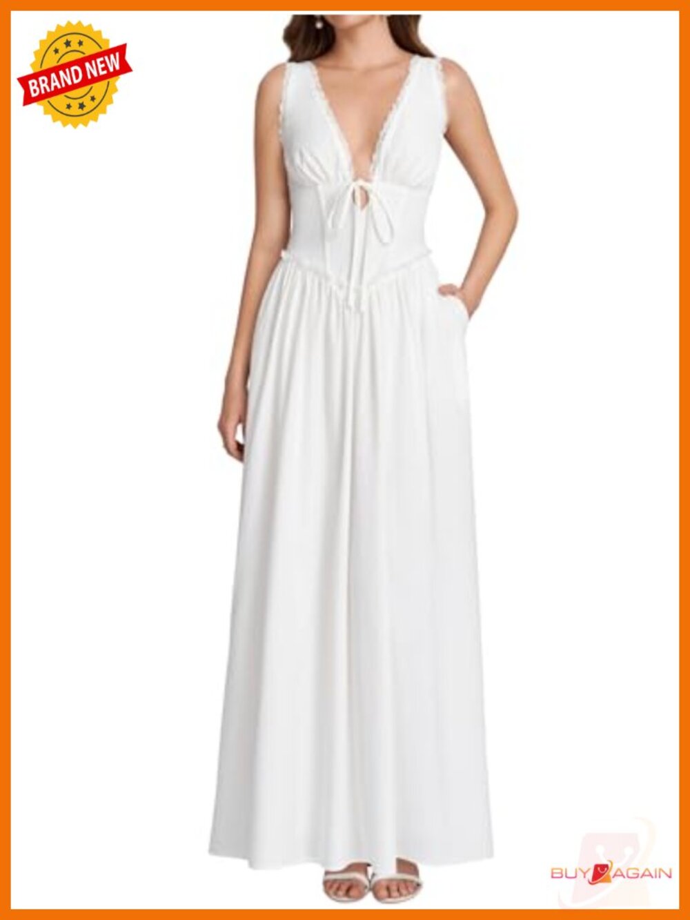 Floral Corset Maxi Dress Lace V-Neck Sleeveless A-Line with Pockets